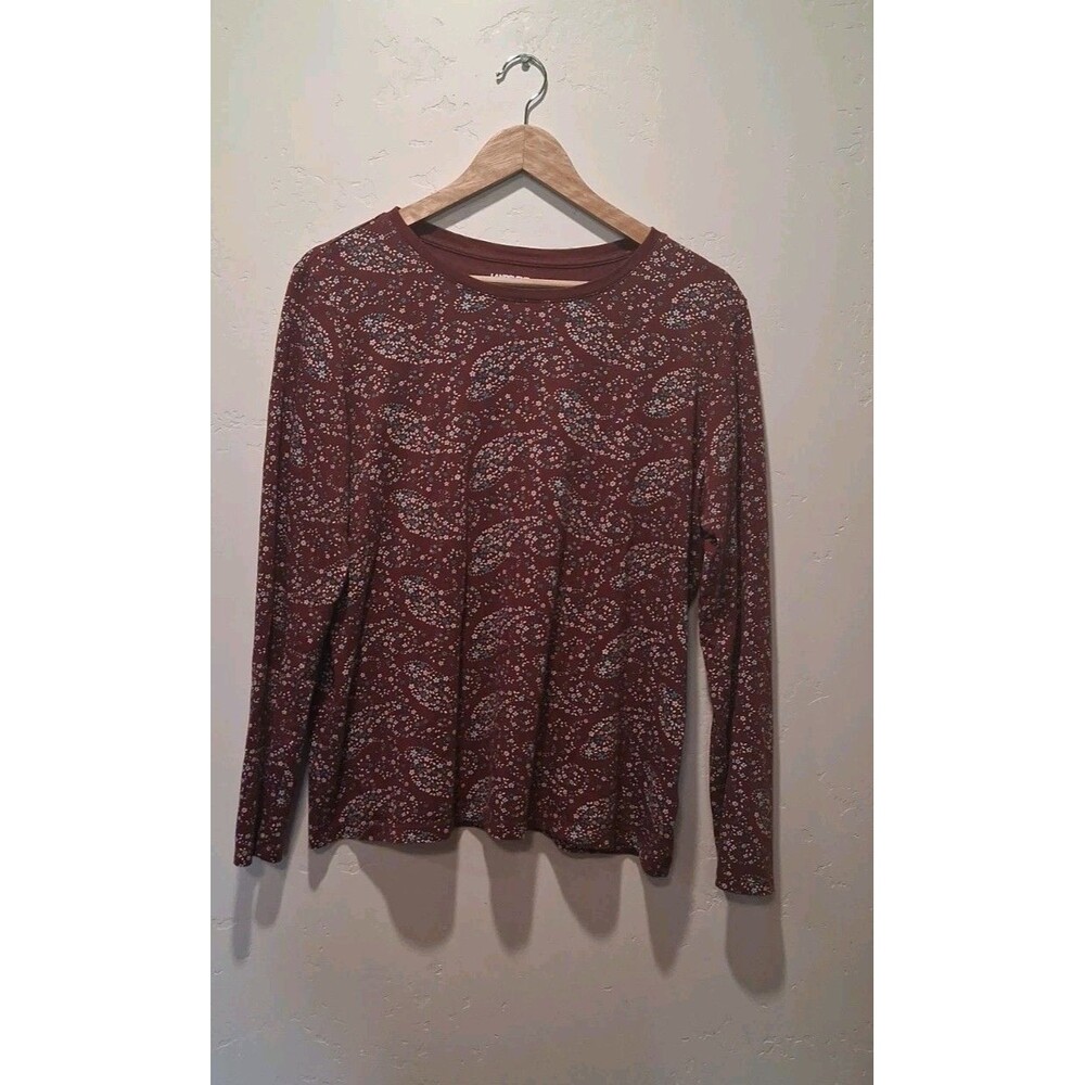 Lands End Women's Size M Burgundy Floral Paisley Long Sleeve Top Stretch Basic